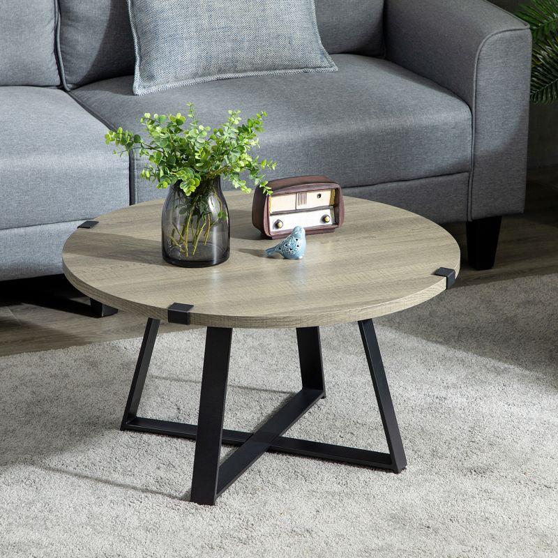 HOMCOM Round Coffee Table, Accent Center Table Steel Legs Living Room Furniture, Wooden Coffee Table, Light Gray