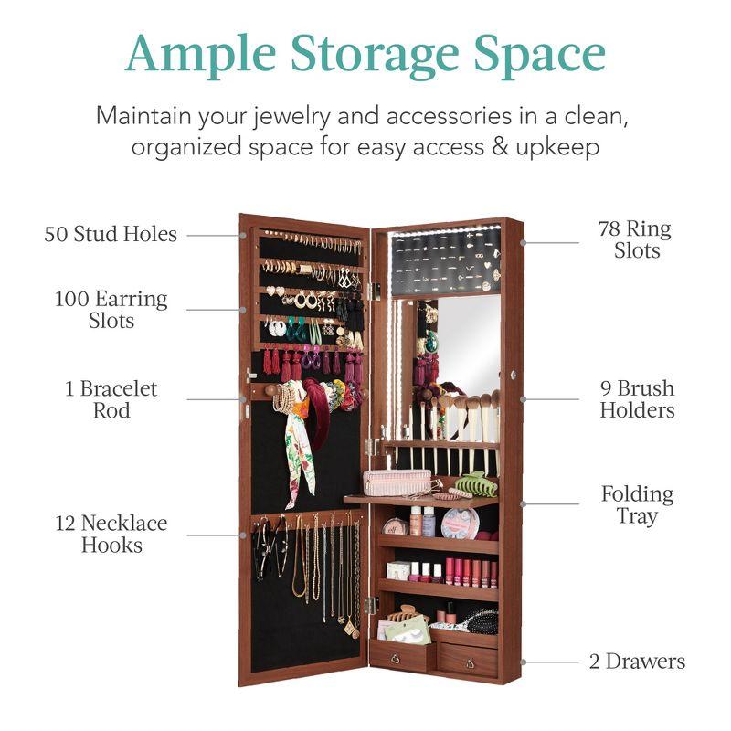 Best Choice Products Hanging Mirror Jewelry Armoire, Door or Wall Mounted Cabinet w/ LED Lights, Lock - Walnut