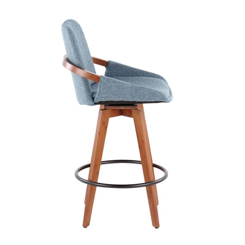 Walnut and Blue Mid-Century Modern Swivel Counter Stool