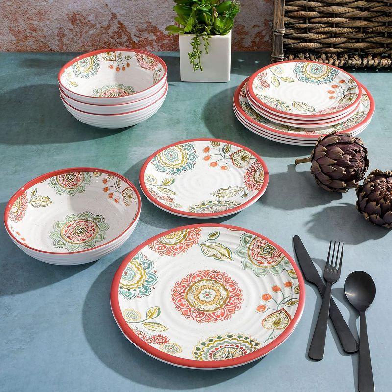 Laurie Gates Brick Floral Ripple 12 Piece Melamine Dinnerware Set in Red