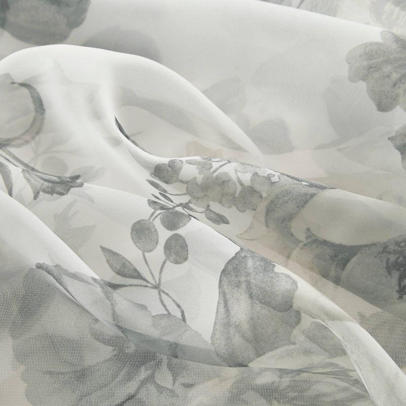 White Floral Twist Tab Top Sheer Polyester Curtain Panel