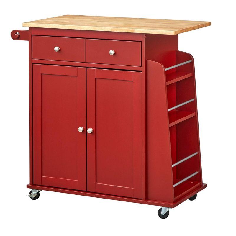 Red Wood Kitchen Cart with Spice Rack and Storage