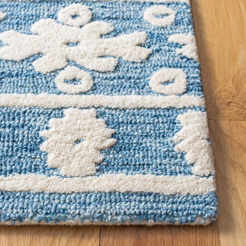 Ivory and Blue Geometric Wool Runner Rug