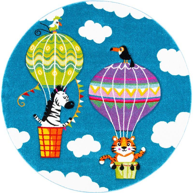 Carousel Kids Blue/Green Hot Air Balloon Round Synthetic Area Rug - 5'3"