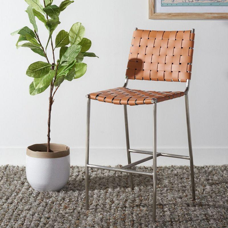 Cognac Leather Saddle Counter Stool with Silver Metal Base