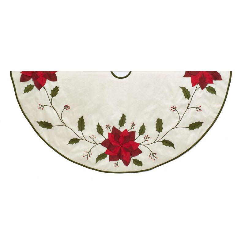 Ivory Christmas Tree Skirt with Poinsettias and Holly Leaves, 54-Inch