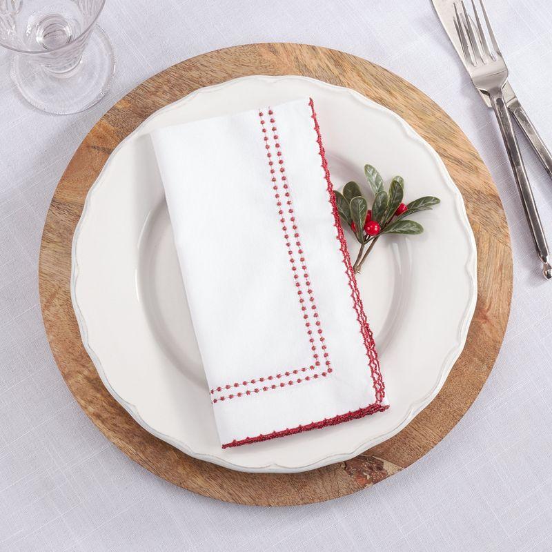 White Cotton Table Napkins with Red Embroidered Borders, Set of 4