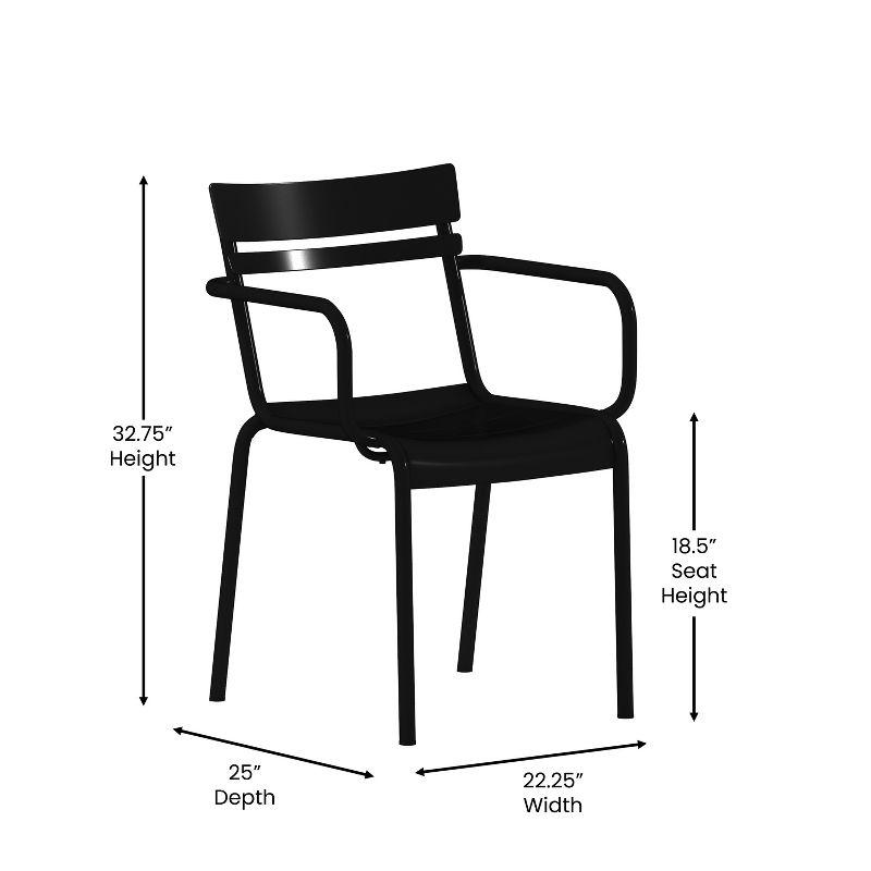 Emma and Oliver Set of 2 Powder Coated Steel Stacking Dining Chairs with Arms and 2 Slat Backs for Indoor-Outdoor Use in Black