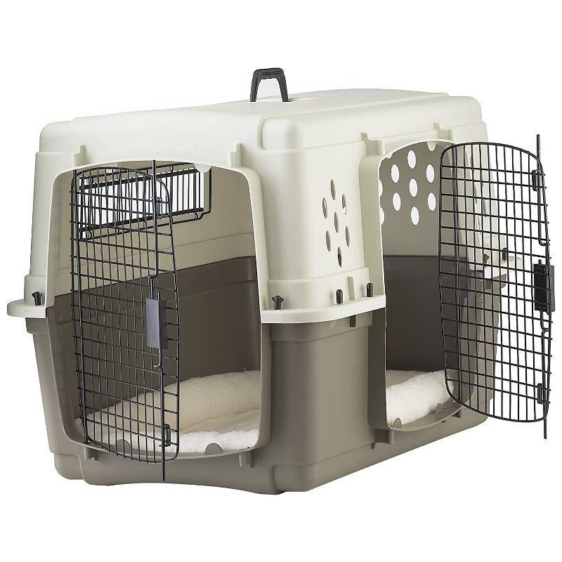 Miller Manufacturing Company Portable Plastic Hard Sided Pet Travel Crate Carrier Kennel w/ Double Doors For Dogs, Rabbits, & Animals, Beige & Taupe