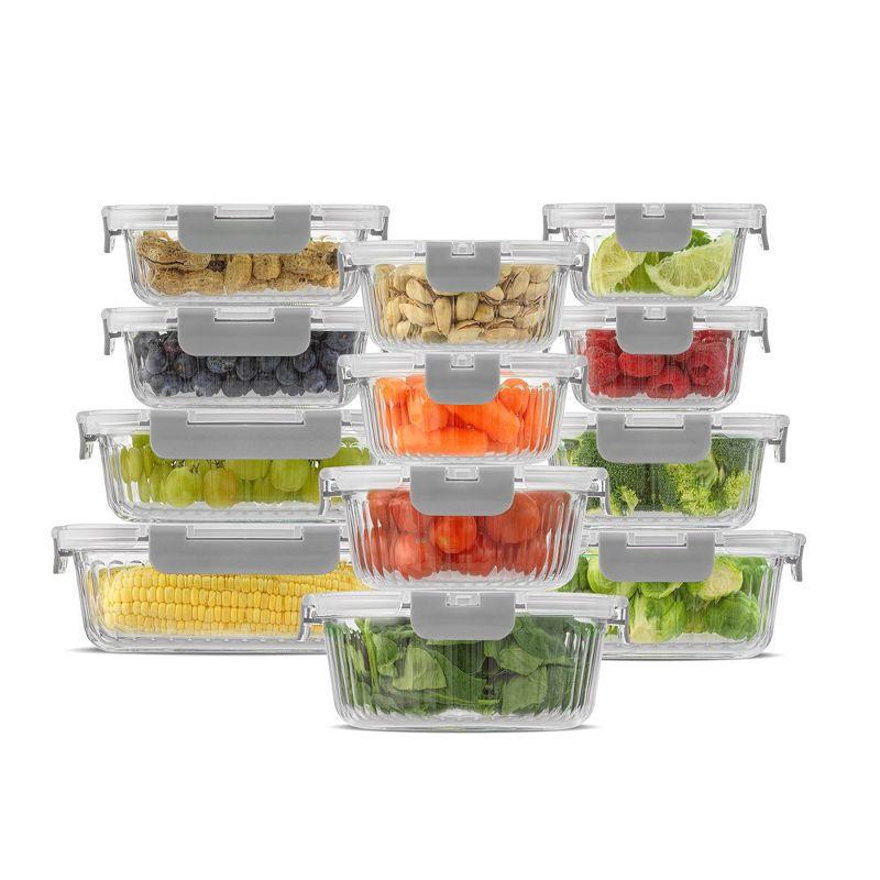 JoyJolt Fluted Glass Food Storage Containers with Leakproof Lids, Set of 12