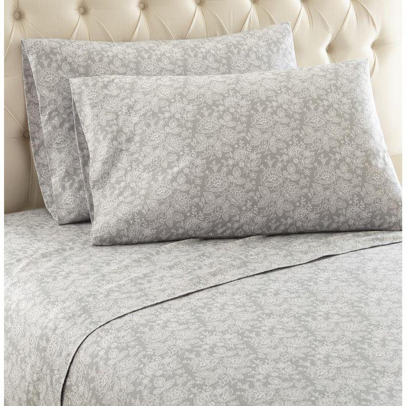 King Gray Floral Micro Flannel Sheet Set