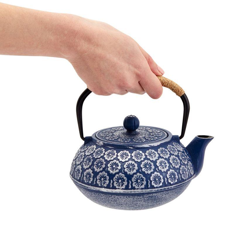 Juvale Set of 6 Blue Cast Iron Floral Teapot Kettle Set, Japanese Tea Pot with Infuser, Trivet & 4 Teacups, 32 oz