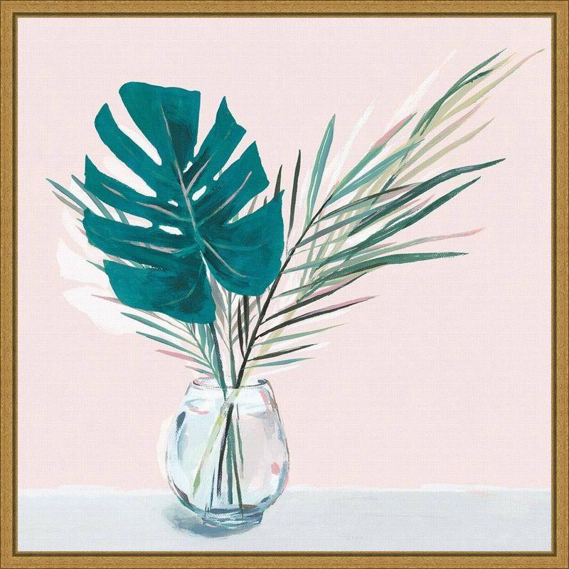 Tropical Green Leaves on Pink Canvas Wall Art with Gold Frame