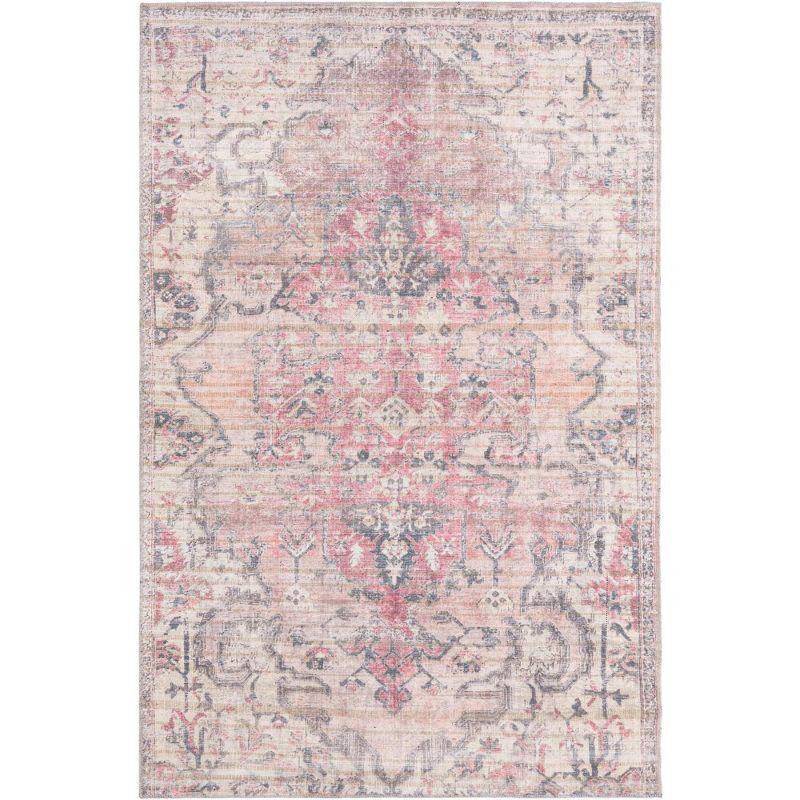 Beige Pink Rectangular Washable Synthetic Area Rug