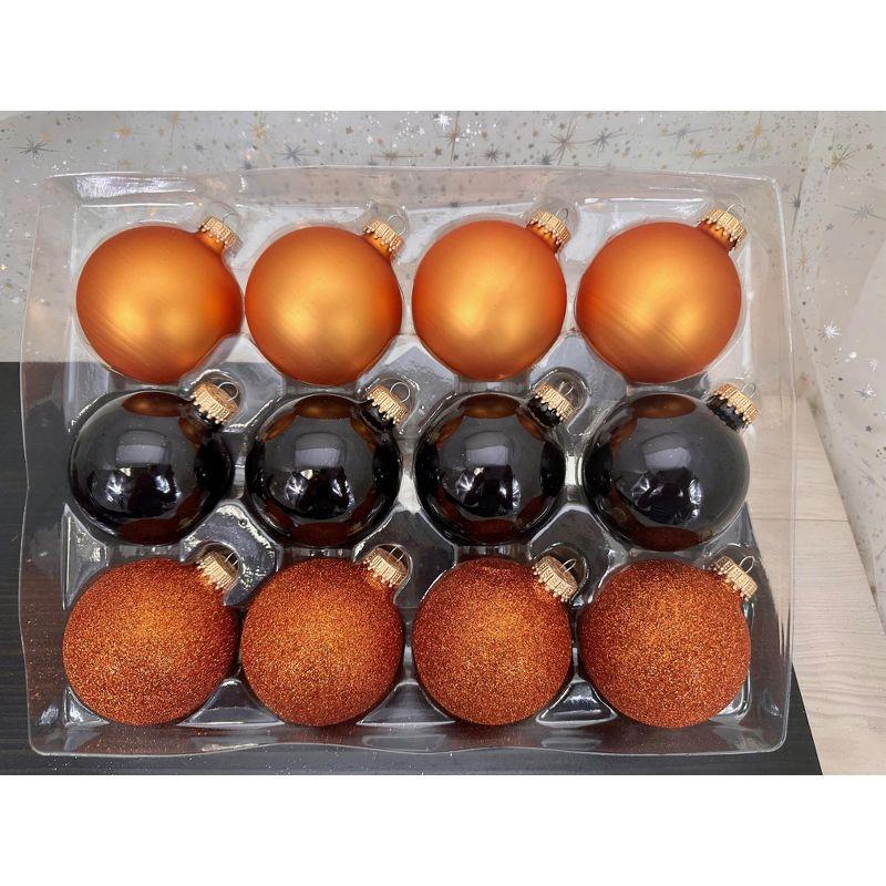 Set of 12 Orange, Black, and Brown Glass Christmas Ornaments