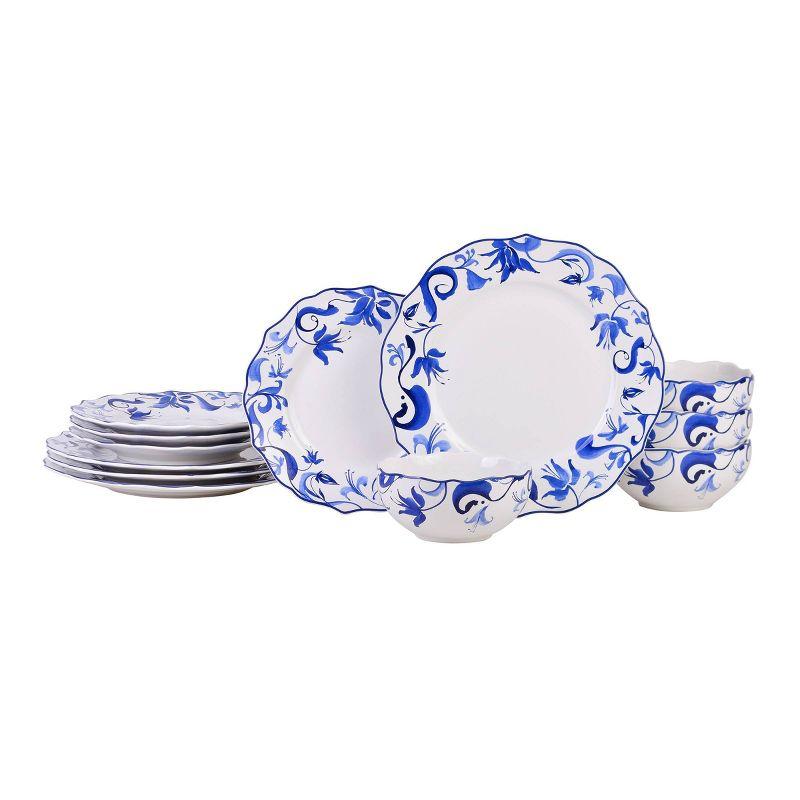 Ayla Blue and White Floral Porcelain 12-Piece Dinnerware Set