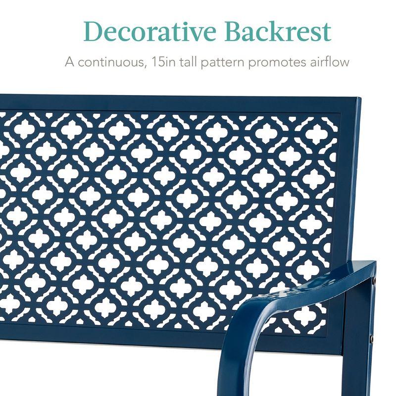 Best Choice Products Indoor Outdoor Steel Garden Bench w/ Geometric Backrest, Foot Levelers - Peacock Blue