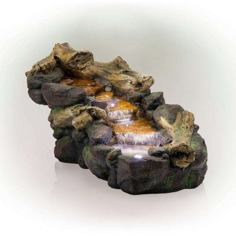 41" Natural River Rock and Log Fountain with LED Lights