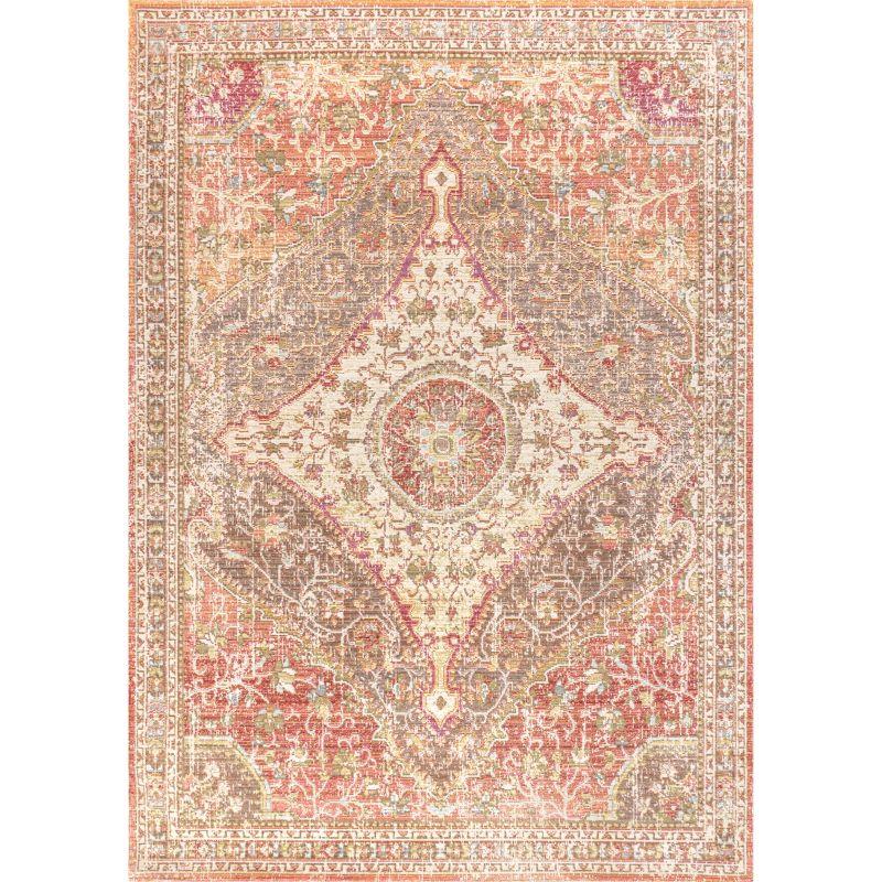 8'x10' Petras Modern Ornate Medallion Area Rug, Brown/Pink - JONATHAN Y