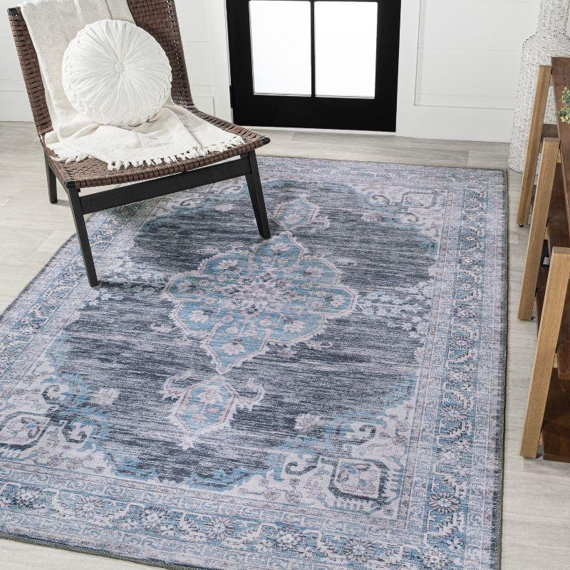 Wincer Chenille Cottage Medallion Machine-Washable Gray/Blue/White 3 ft. x 5 ft. Area Rug - JONATHAN Y