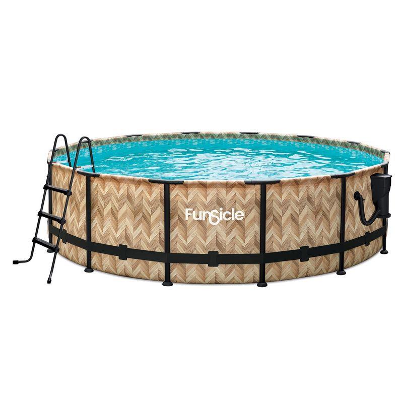 Funsicle 14' x 42" Oasis Designer Round Frame Outdoor Above Ground Swimming Pool Set with SkimmerPlus Filter Pump and Pool Cover, Oak Herringbone
