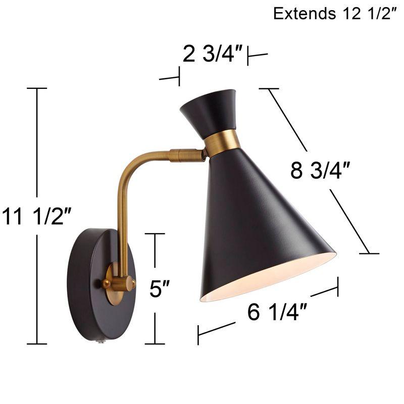 360 Lighting Venice Mid Century Modern Wall Lamp Matte Black Brass Plug-in 6 1/4" Light Fixture Adjustable Metal Cone Shade for Bedroom Living Room