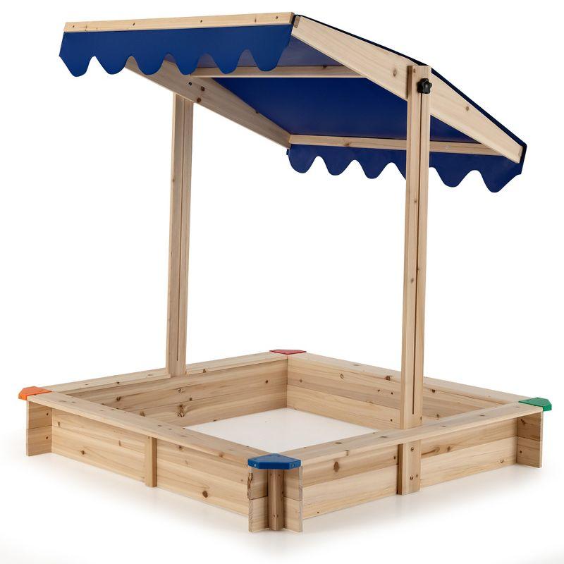 Costway Kids Wooden Sandbox with Height Adjustable & Rotatable Canopy Outdoor Playset