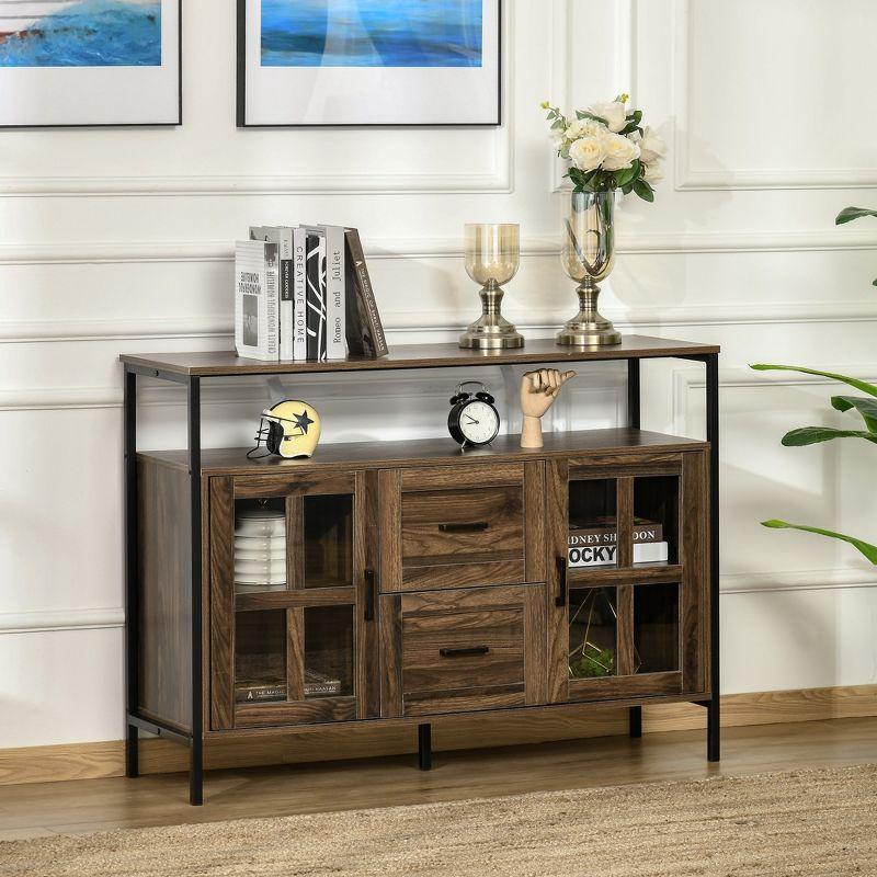 Rustic Dark Walnut Sideboard with Glass Doors & Adjustable Shelves