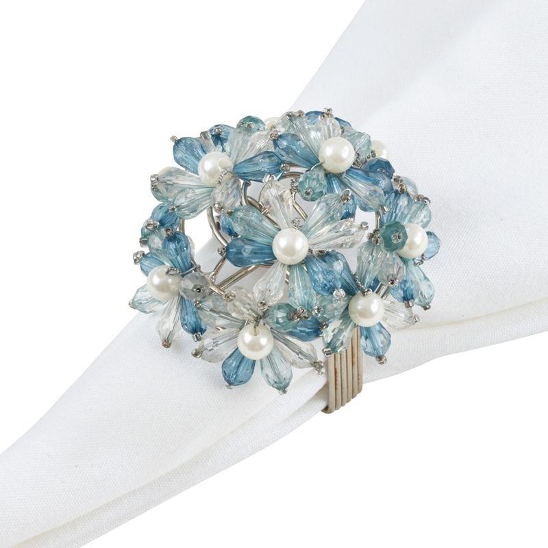 Aqua Beaded Floral Design Napkin Rings Set of 4