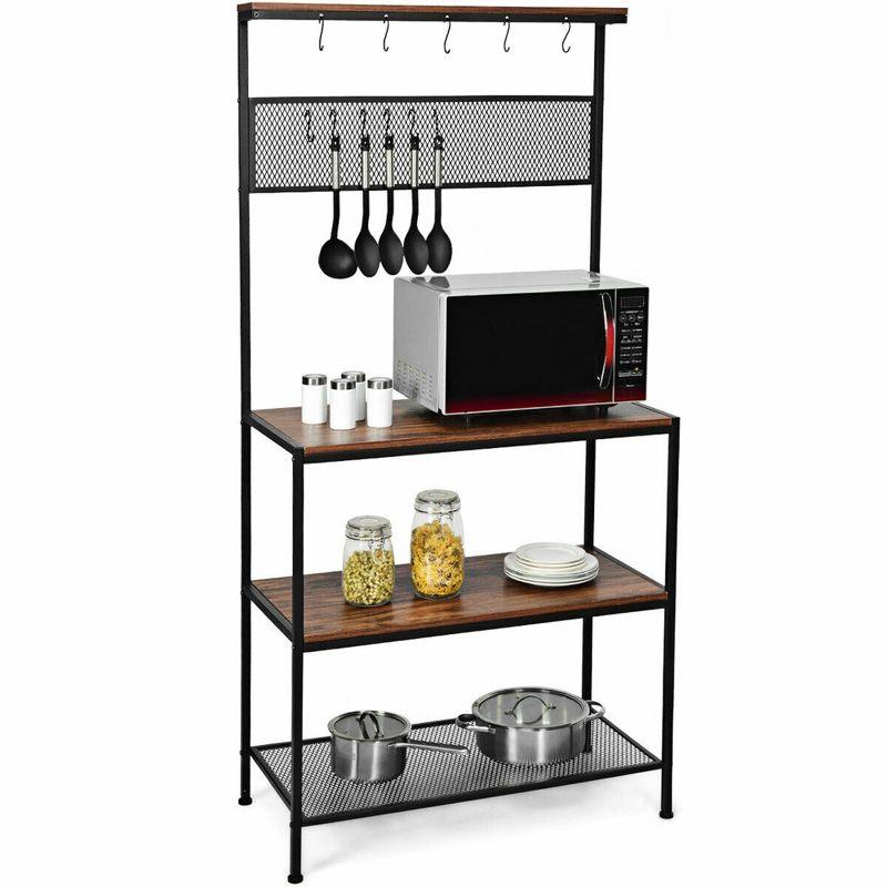 Industrial Black and Brown 4-Tier Kitchen Baker's Rack with Hooks