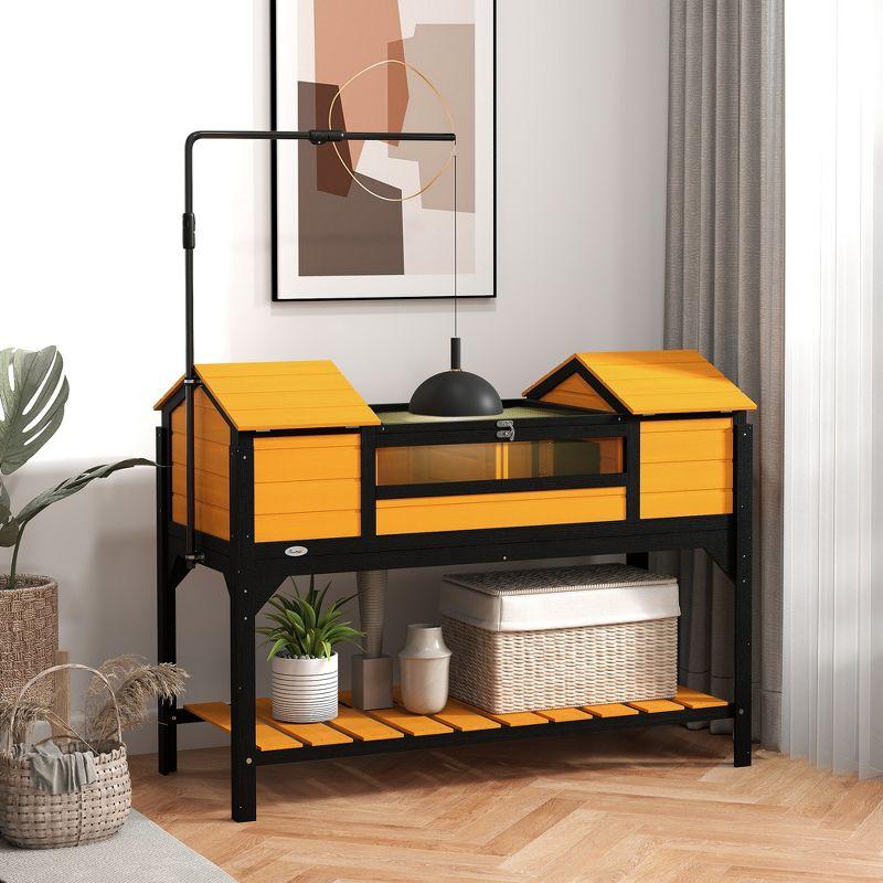 PawHut Tortoise Habitat with Adjustable Lamp Holder, Wooden Tortoise Enclosure with Storage Shelf, Dual Main Houses, Fixed Tray, Openable Lid, Yellow