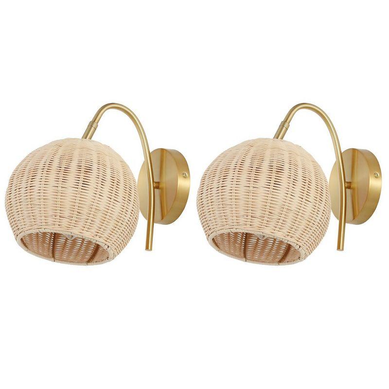 Nahum 8.5" Natural Rattan and Brass Wall Sconce Set