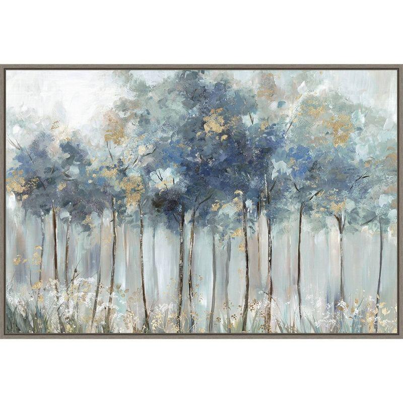 Blue and Gold Forest Landscape Canvas Print with Greywash Frame