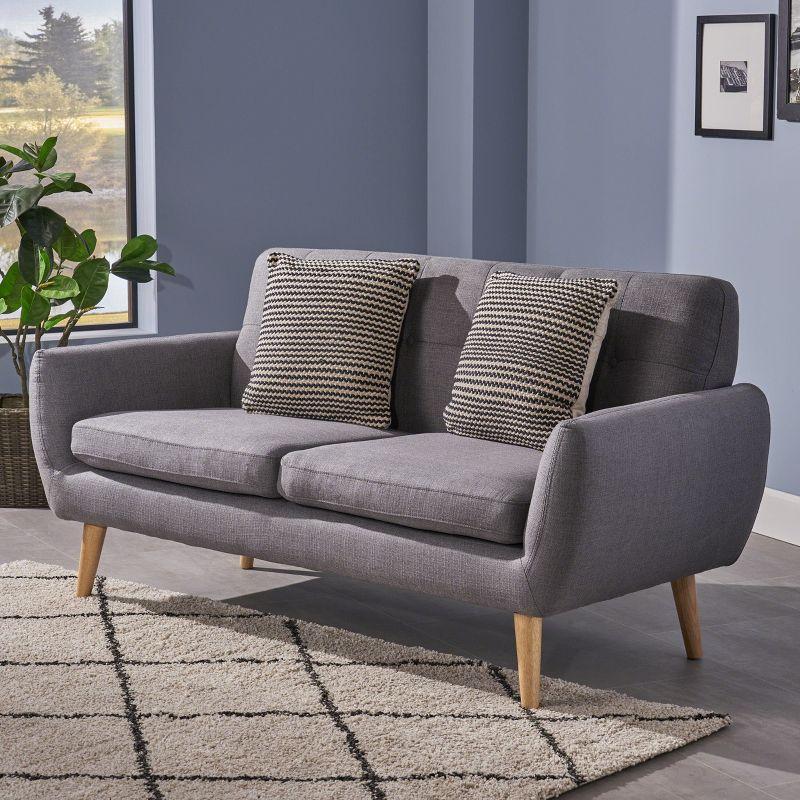 Mid-Century Modern Dark Gray Tufted Fabric Loveseat