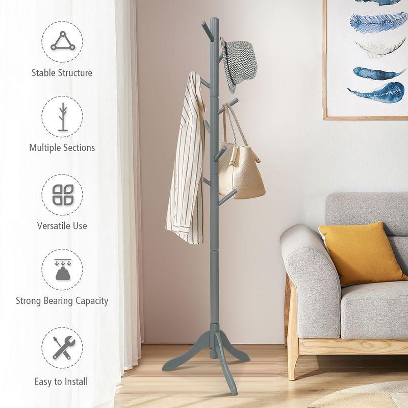 Costway Wooden Coat Rack Stand Hall Tree Entryway Organizer 2 Heights w/ 8 Hooks Grey\Walnut