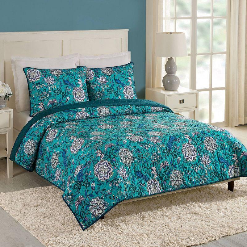 Peacock Garden Blue Microfiber Full Quilt Set