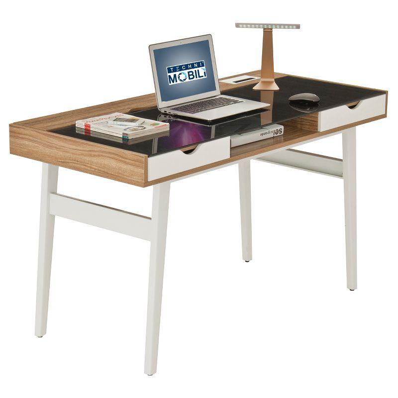 Modern Black Glass and Walnut Computer Desk with Storage