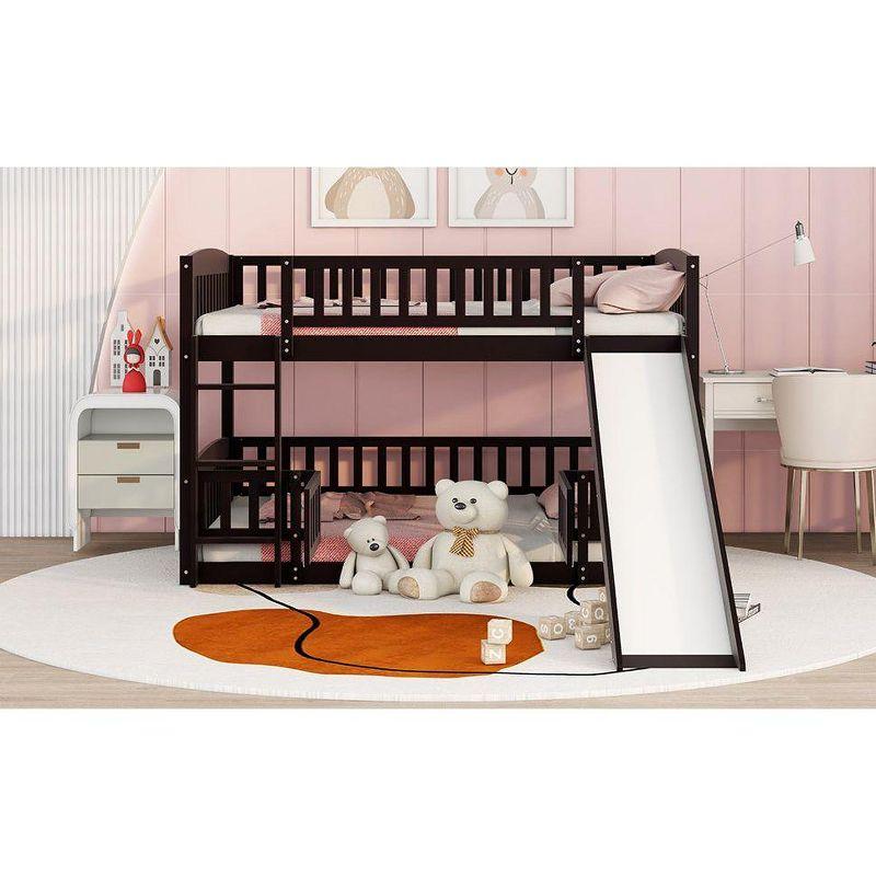 Streamdale Bunk Bed With Slide, Full Over Full Low Bunk Bed With Fence And Ladder For Toddler Kids Teens, Espresso