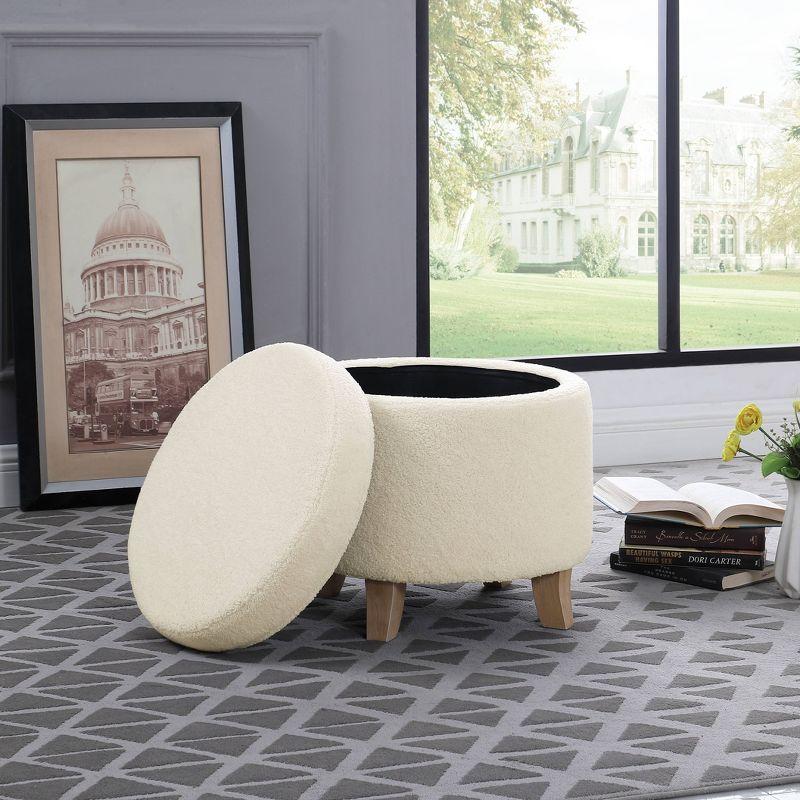 Cole Classics Round Storage Ottoman Flared Wood Leg Faux Sheepskin Cream - HomePop