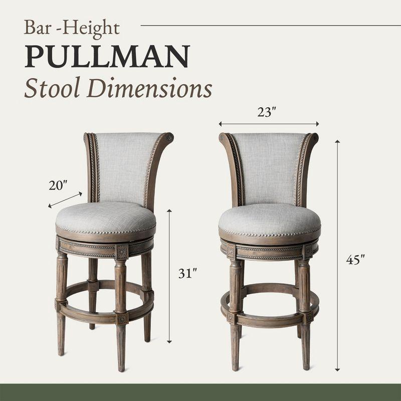 Maven Lane Pullman 31 Inch Tall Bar Height Upholstered Barstool with Back in Reclaimed Oak Finish with Ash Grey Fabric Cushion Seat, Set of 3