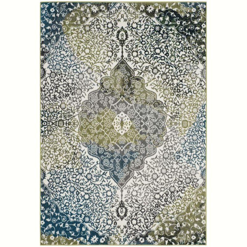 Ivory and Peacock Blue Hand-Knotted Synthetics Area Rug