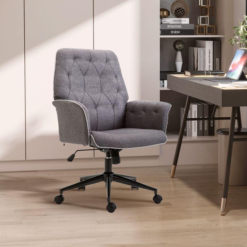 Vinsetto Modern Mid-Back Tufted Linen Home Office Desk Chair with Arms, Swivel Adjustable Task Chair, Upholstery Accent Chair with Soft Seat, Gray