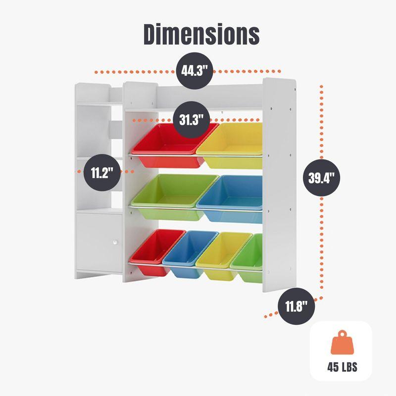 Sturdis Toy Storage Organizer with Bookshelf, Kids Playroom Organization Shelving Unit with Removable Colorful Storage Bins & Anti-Tip Bracket, White
