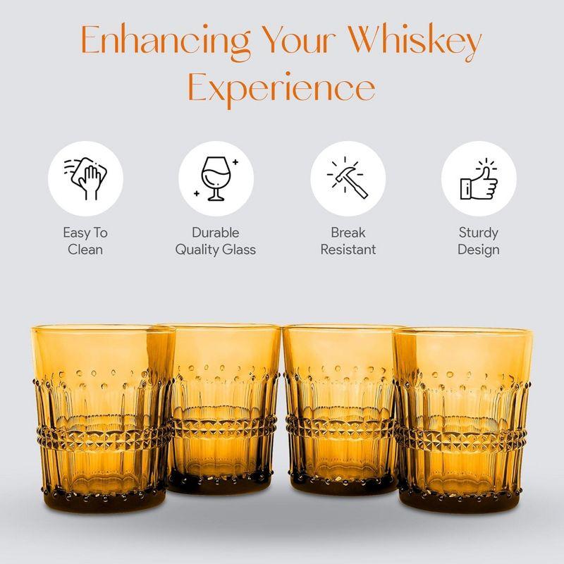 American Atelier Vintage Old Fashion 10 oz. Whiskey Glasses, Romantic Water Tumblers, Barware Glasses for Cocktails, Embossed Beaded, Set of 4, Amber
