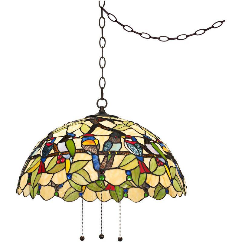 Robert Louis Tiffany Bronze Plug In Swag Pendant Chandelier 20" Wide Mission Garden Birds Stained Glass 3-Light Fixture for Dining Room Kitchen Island