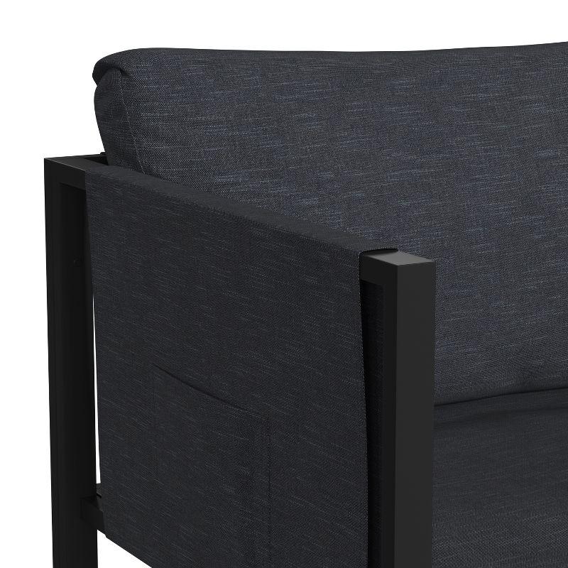Flash Furniture Lea Indoor/Outdoor Patio Chair with Cushions - Modern Steel Framed Chair with Storage Pockets, Black with Charcoal Cushions