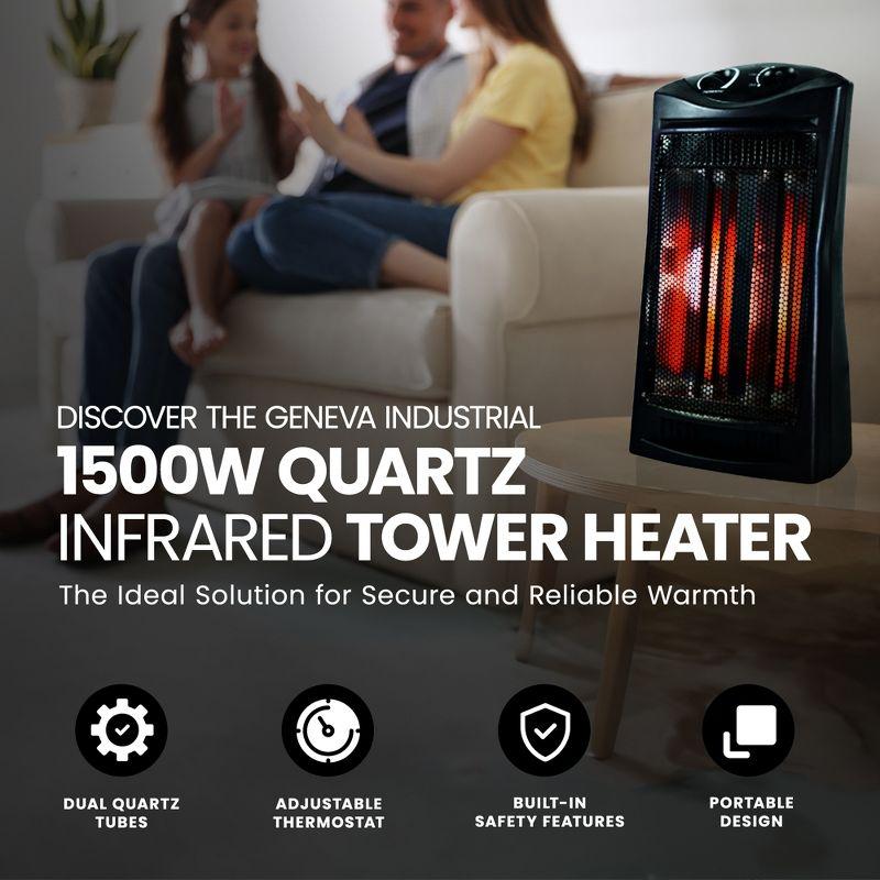 Geneva Industrial 1500W Quartz Infrared Electric Tower Heater with Adjustable Thermostat, Dual Quartz Tubes, Tip-Over Switch for Indoor Use, Black