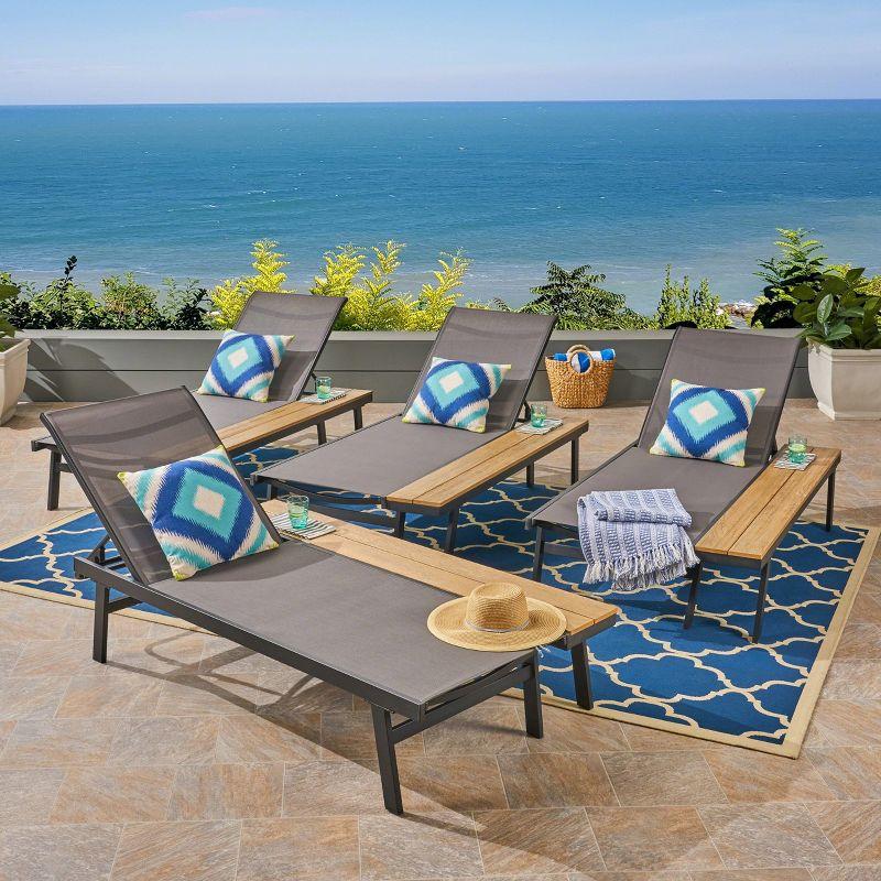 Union Rustic Absinthe Outdoor Metal Chaise Lounge Set with Table (Set of 4)