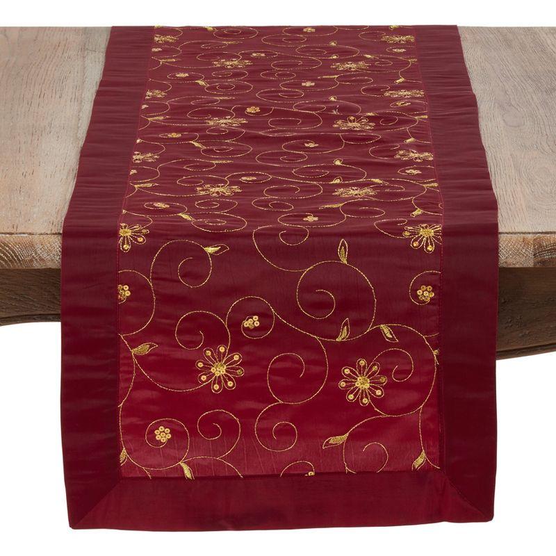 Burgundy and Gold Embroidered Polyester Holiday Table Runner