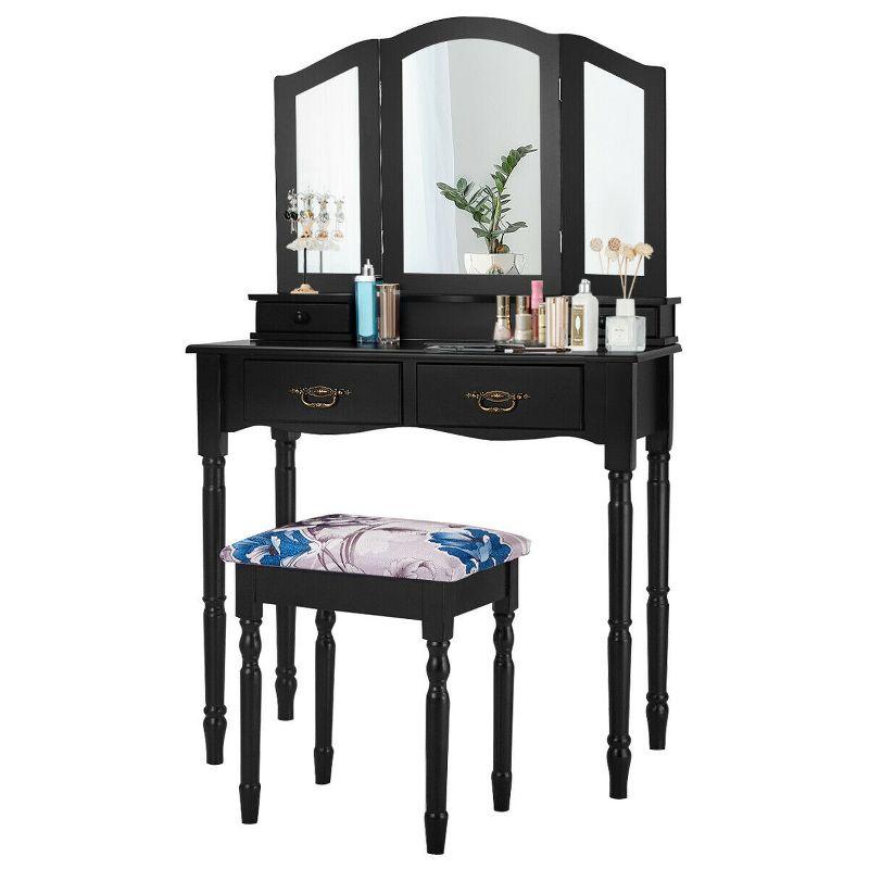 Costway Black Tri Folding Mirror Vanity Makeup Table Stool 4 Drawers